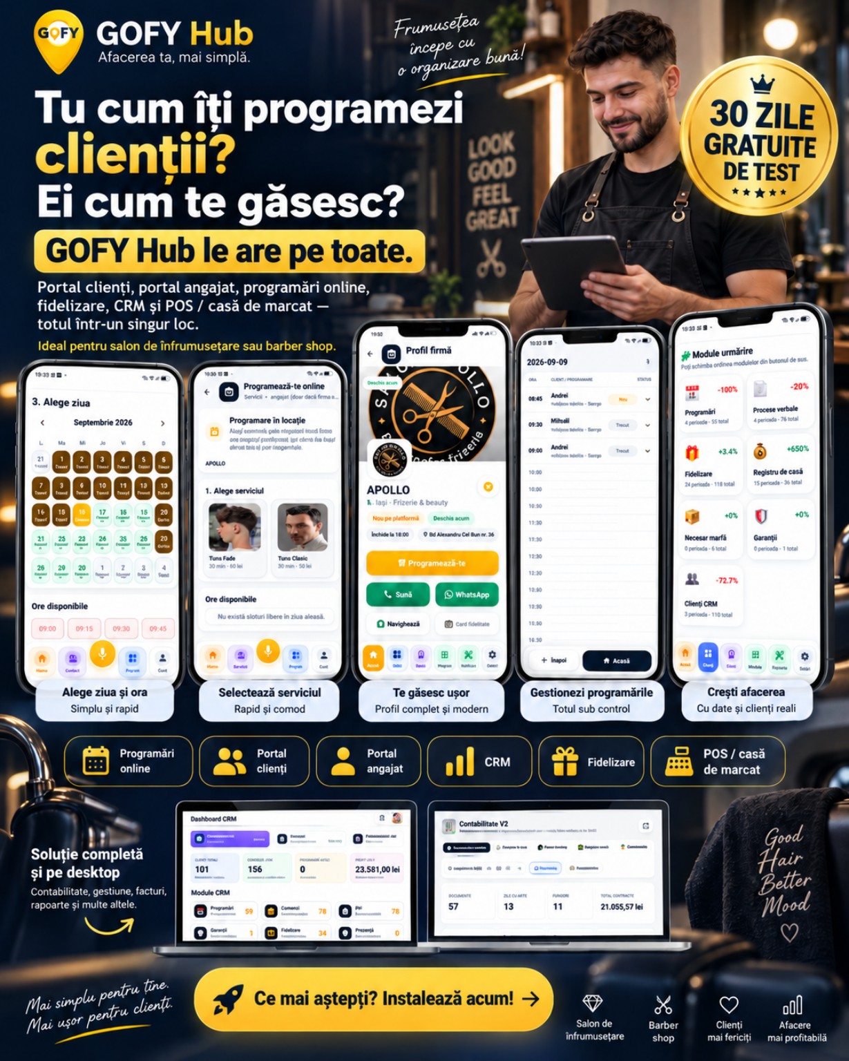 GOFY Hub pentru programări online, salon și barber shop